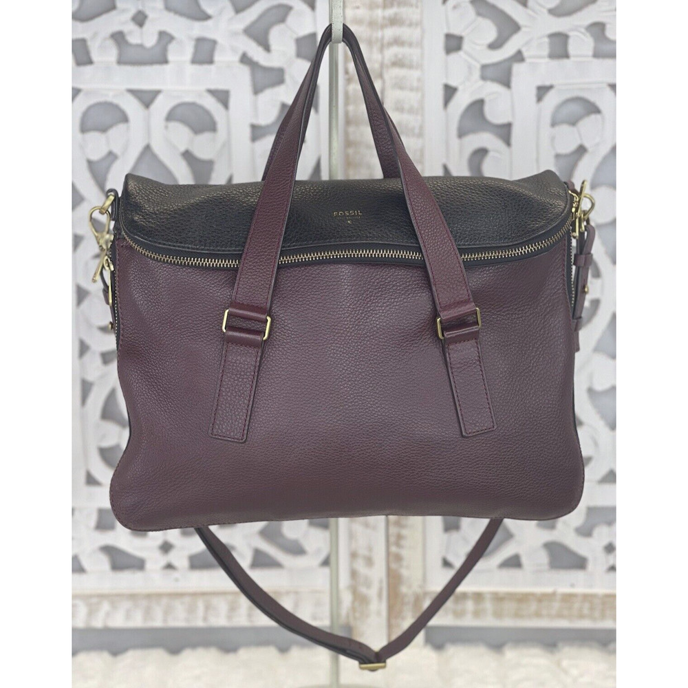 FOSSIL Large Preston Satchel Work Tote Brown Raisin Black Leather Zipper Bag